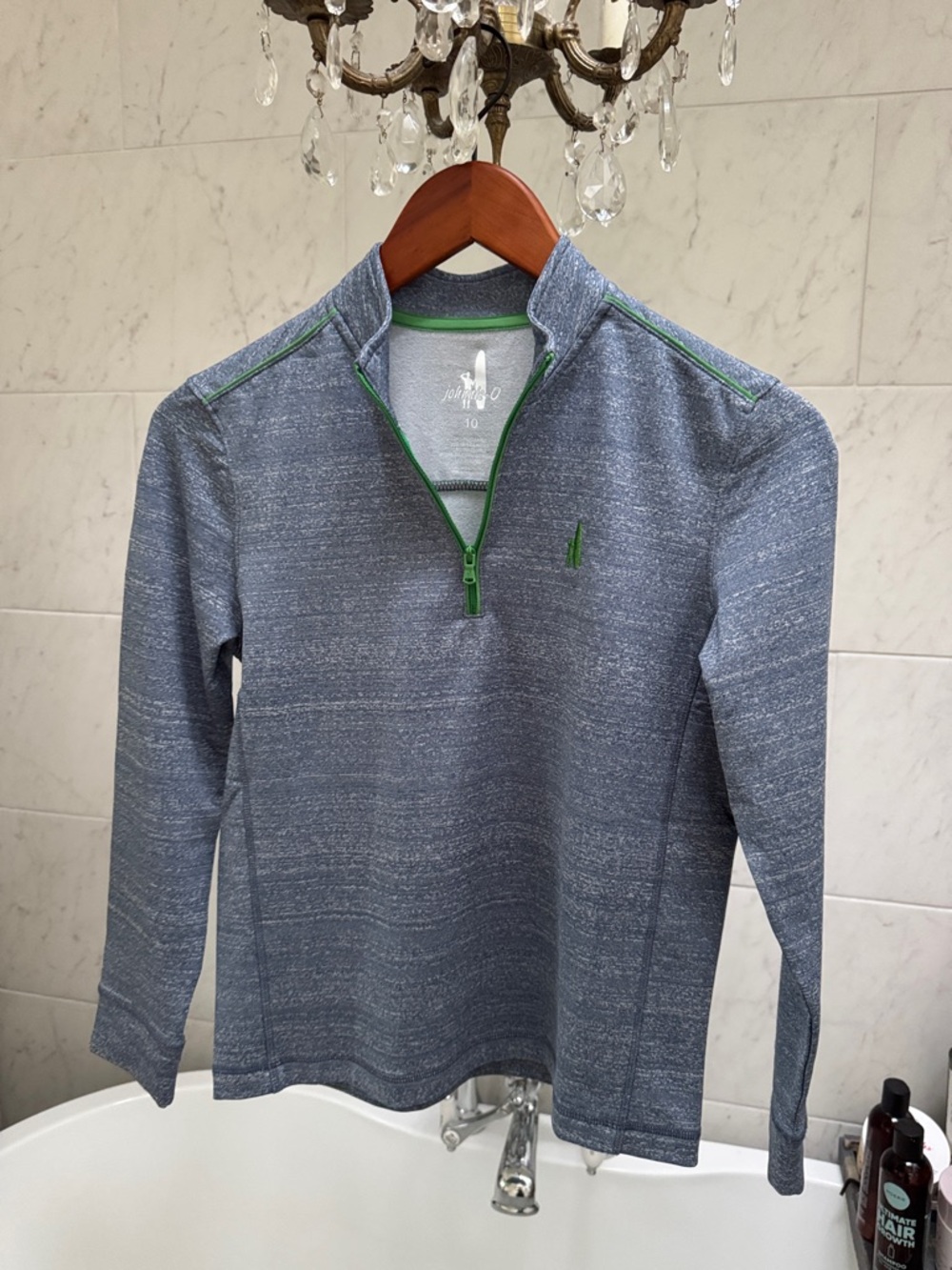 johnnie-O Heathered Blue Quarter-Zip with Green Trim